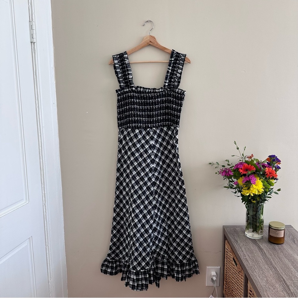 🚫 SOLD on Depop - Ganni Black and White Plaid Midi Dress